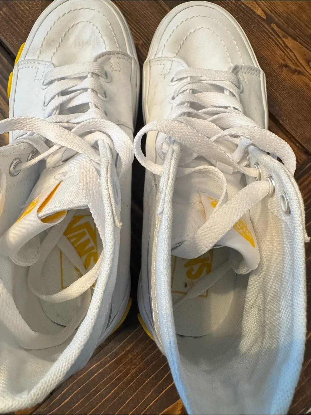 Vans White High-Top Canvas Sneakers with Yellow Logo Accent